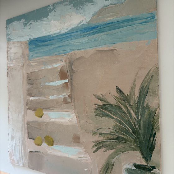 Mediterranean Seascape with lemons and palm