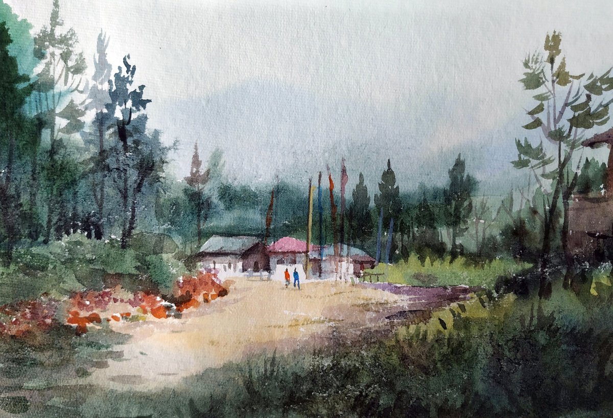 Impressionistic Landscape Watercolour By Samiran Sarkar, 11 X 7", Himalayan Village Ii, Original Artwork