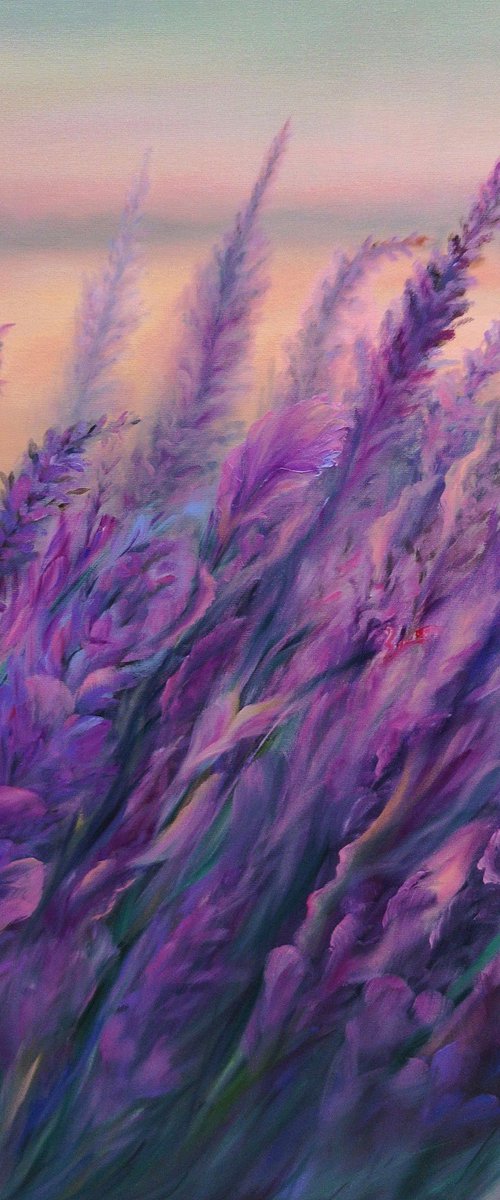Lavender Breeze, oil painting, original gift, home decor, Flowering, Living Room, leaves, many flowers, flower picture,  delicate flowers,  lavender, lavender field, lilac flowers by Natalie Demina