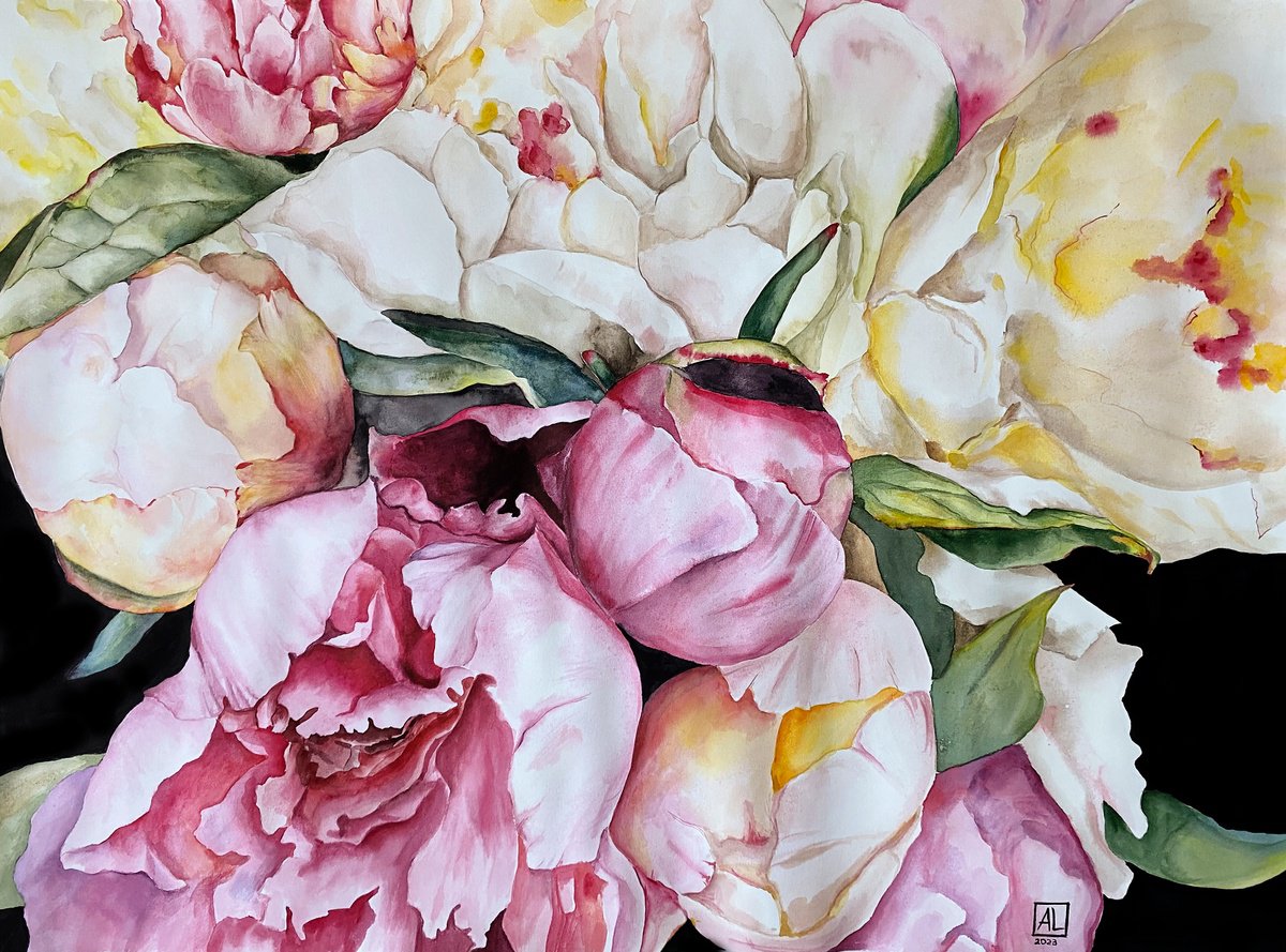Impressionistic Botanical Watercolour By Anna Lyashenko, 30 X 22, Peony Symphony, Original Artwork