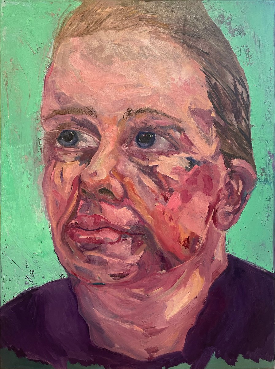 Expressive Portrait Oil Painting By Ulli Schmitt, 24 X 31", I Am Waiting, Original Artwork