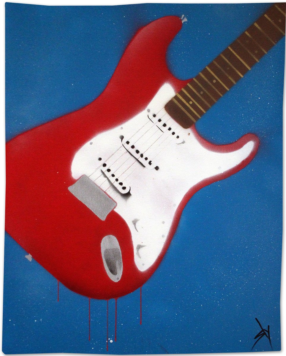 Surrealistic Still Life Acrylic Painting By Juan Sly, 22 X 30", Bleeding Guitar (Wp)., Original Artwork