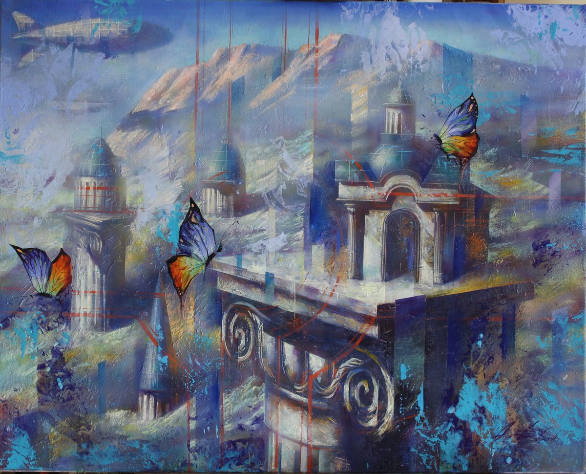 Surrealistic Cityscapes Oil Painting By Alexandr Dobrodiy, 39 X 31, Landscape With A Capital, Original Artwork