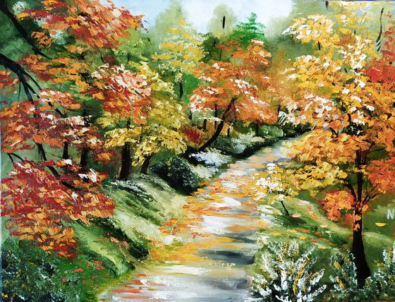 Autumn road, original landscape with trees, oil painting, Gift, bedroom art