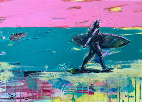 Bright painting - "Miami Beach" - Girl - Pop Art - Urban - Surfing - California