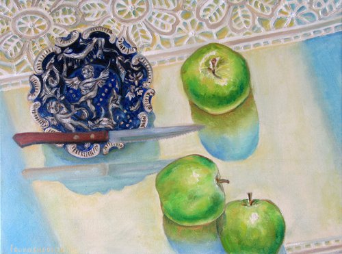 Still life with a plate, apples and a knife Romantic Impressionism (2020) 12x16 in. (30x40 cm) by Katia Ricci