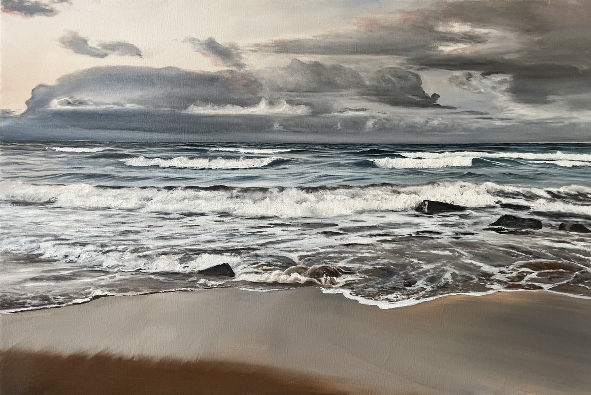 Photorealistic Landscape Oil Painting By Aflatun Israilov, 47 X 31, Moody Sea, Original Artwork