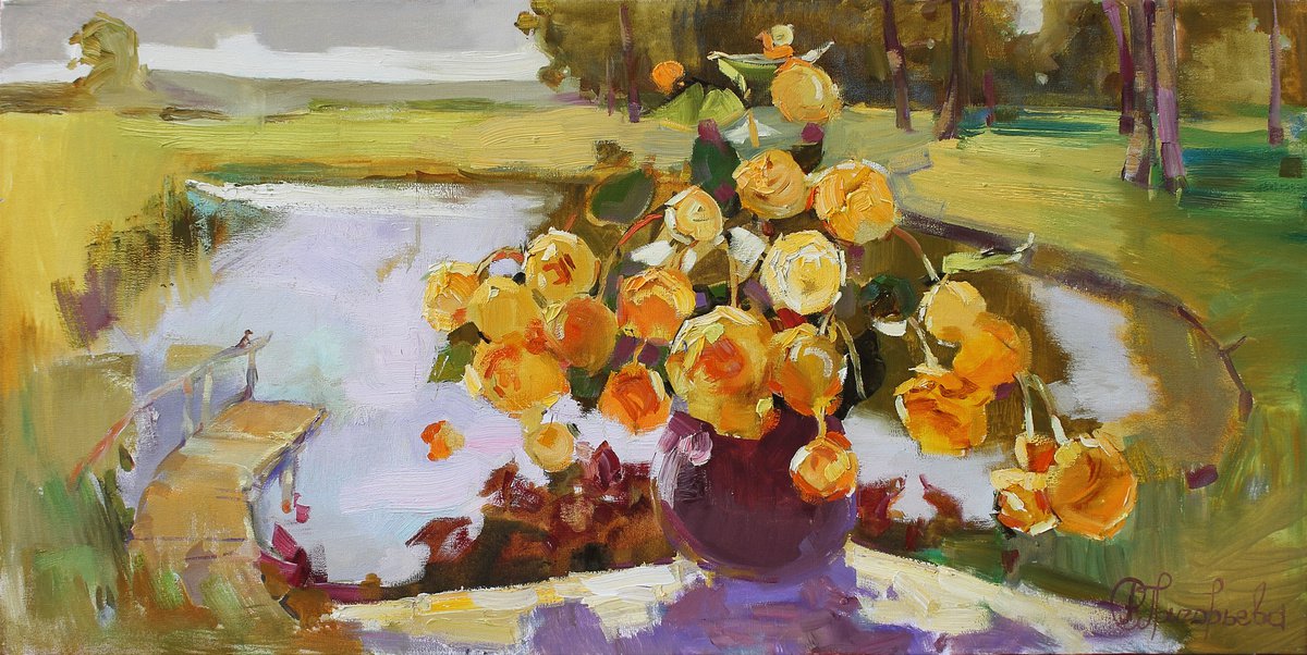 Impressionistic Botanical Oil Painting By Anastasiia Grygorieva, 39 X 20, Heart Of Kerkshli, Latvia, Original Artwork