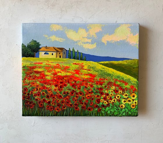 Tuscan landscape! Red poppy and sunflowers field! Ready to hang