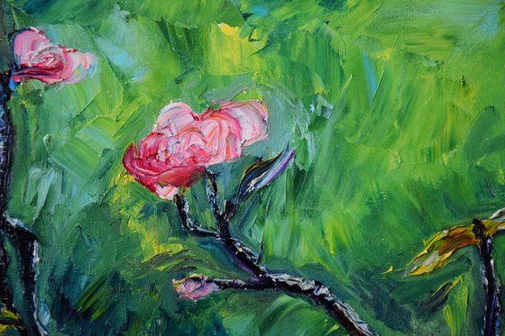 Spring flowers oil painting on canvas, pink flower, green wall art