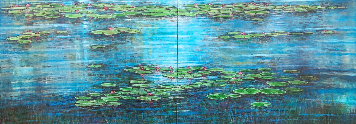 Impressionistic Landscape Acrylic Painting By Stuart Roy, 79 X 28", Pond And Lilies V, Original Artwork