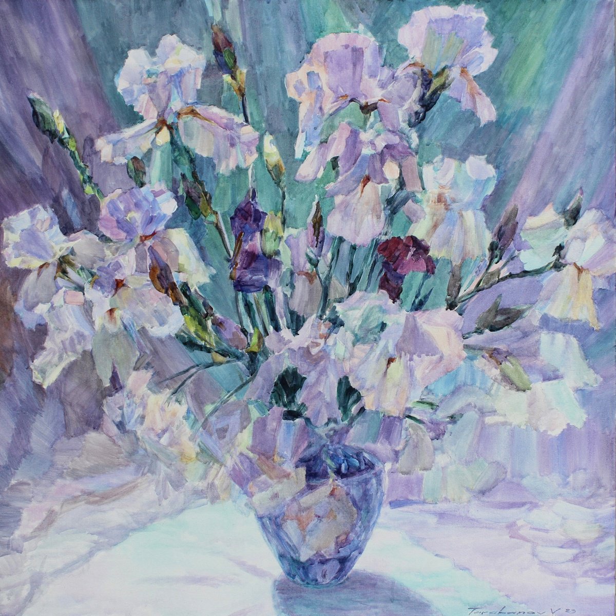Impressionistic Botanical Acrylic Painting By Volodymyr Tarabanov, 36 X 36", Irises From My Garden, Original Artwork