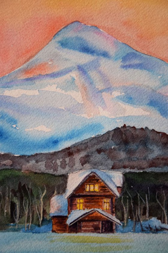Winter watercolor painting Sunset snowy cabin house