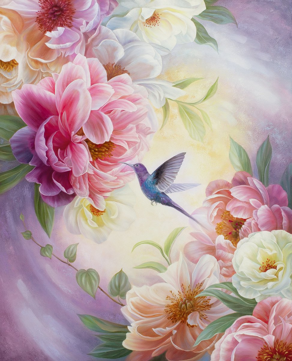 Weightlessness, oil floral art with bird, flowers peonies painting by Anna Steshenko