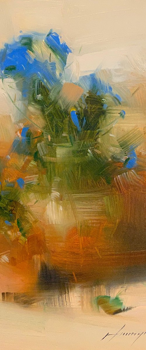 Blue Flowers, Original oil painting, Handmade artwork, One of a kind by Vahe Yeremyan