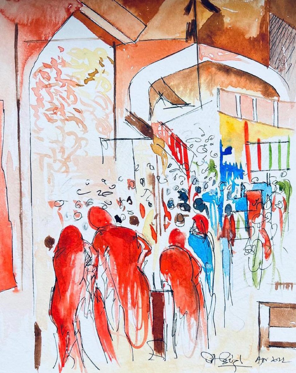 Expressive Cityscapes Watercolour By Shabs Beigh, 11 X 13", Indian Bazaar, Original Artwork