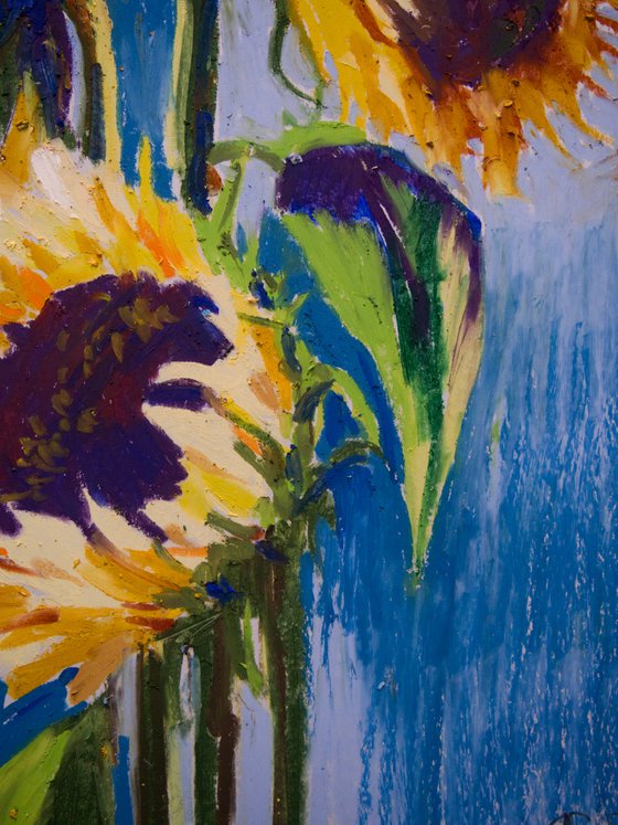 Still life with sunflowers. Home isolation series. Oil pastel painting. Small interior decor travel gift spain shadow original impression flowers still life