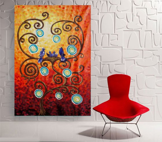 Tree of life family blue birds nest B070 Large orange expressionist painting 110x160 cm unstretched canvas art
