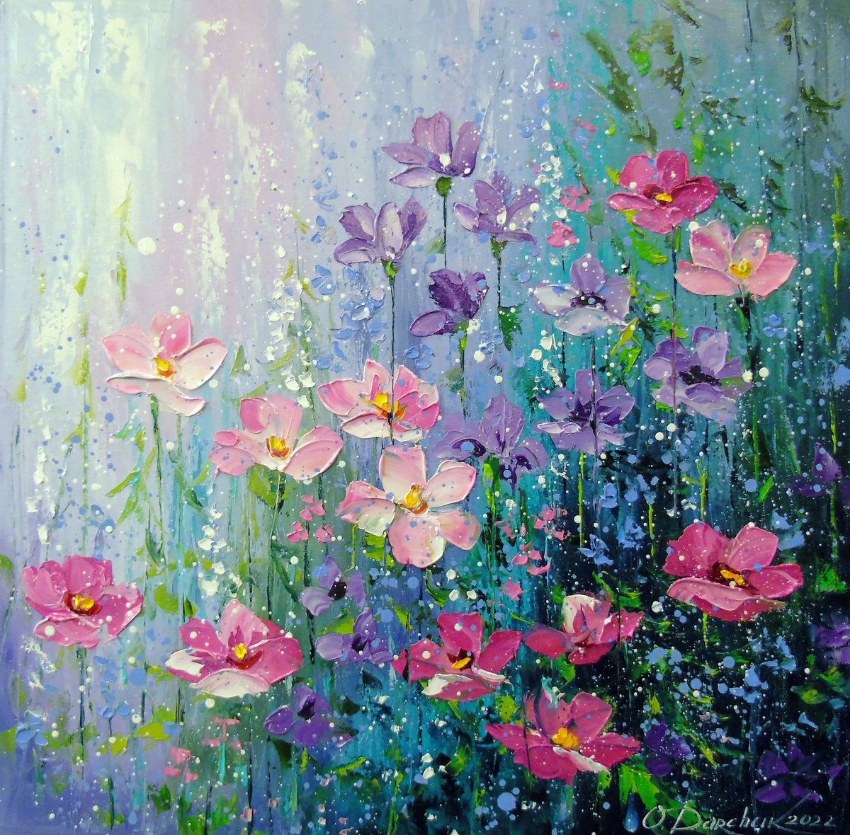 Impressionistic Botanical Oil Painting By Olha Darchuk, 20 X 20", The Delicate Summer Flowers, Original Artwork