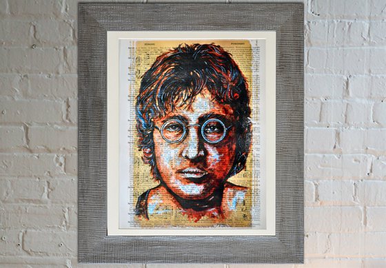 John Lennon - Collage Art on Large Real English Dictionary Vintage Book Page