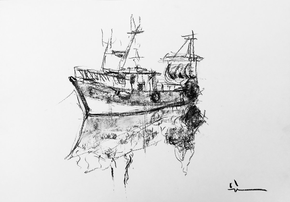 Expressive Landscape Charcoal Drawing By Dominique Deve, 17 X 11, Symmetry, Original Artwork