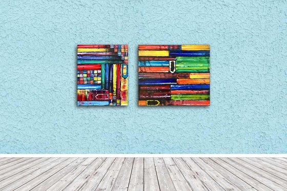 "Where Are We Now?" - Save As A Series - Original PMS Abstract Diptych Oil Paintings On Reclaimed Wood - 48" x 24"