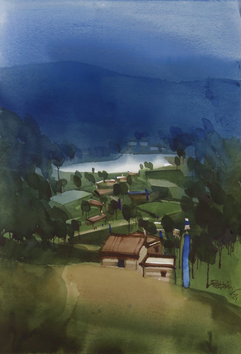 Impressionistic Landscape Watercolour By Prashant Prabhu, 15 X 22", Shining Lake, Misty Blue, Original Artwork