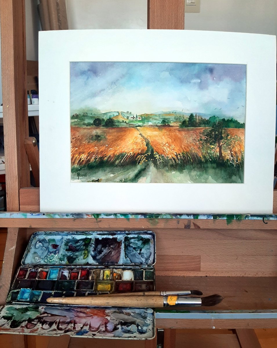Impressionistic Landscape Watercolour By Zoran Mihajlovic Muza, 12 X 8", Wheat Field, Original Artwork