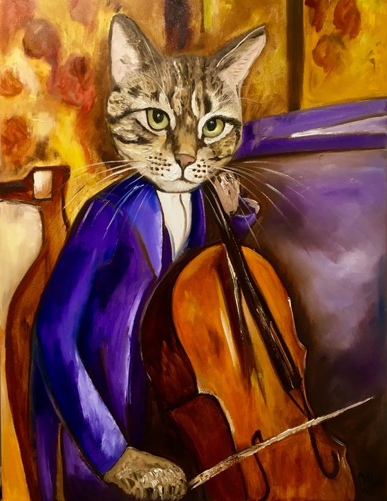 Cat Cellist inspired by Amedeo Modigliani.FELINE ART FOR CAT LOVERS GIFT IDEA