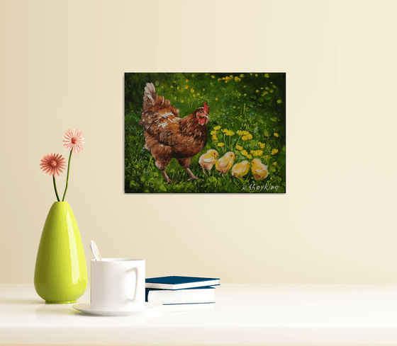 Mother Hen and Baby Chicks, Animal Artwork, Barnyard, Farm Life