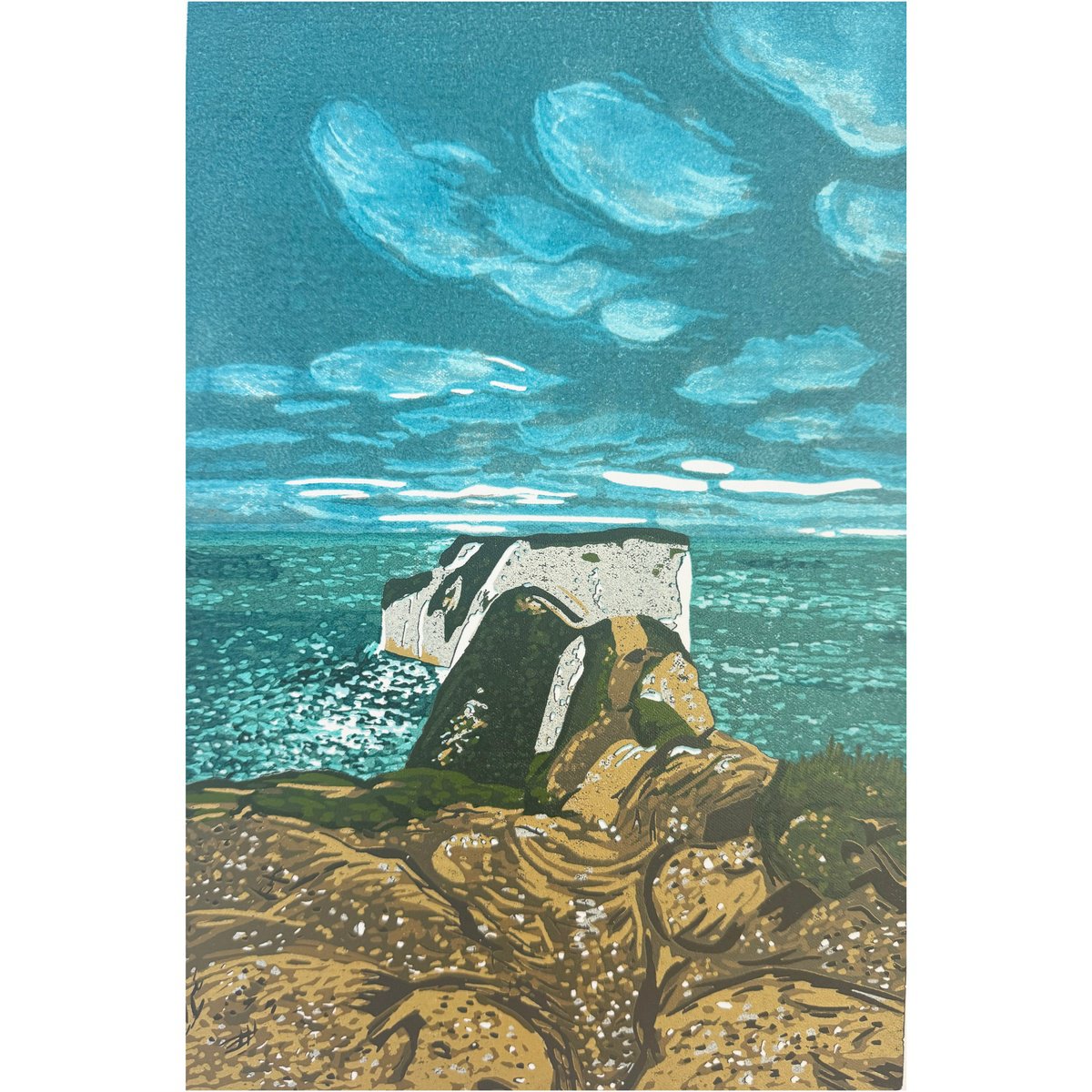 Impressionistic Landscape Linocut By Kirstie Dedman, 10 X 15", Old Harry Rocks, Original Artwork