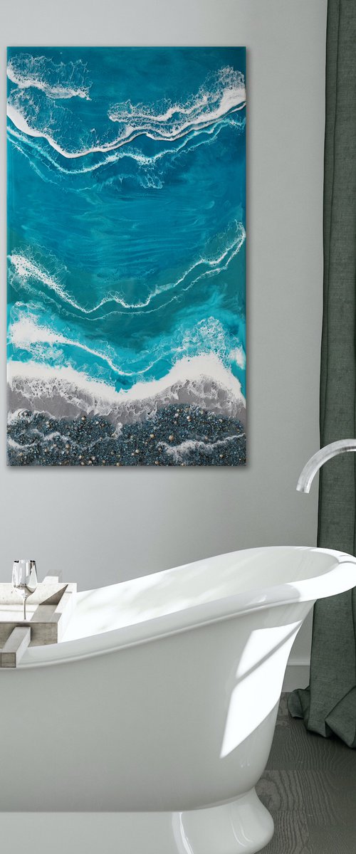 Turquoise waves - original seascape resin artwork with real blue shell by Delnara El