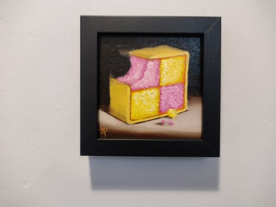 Little Battenberg cake slice still life