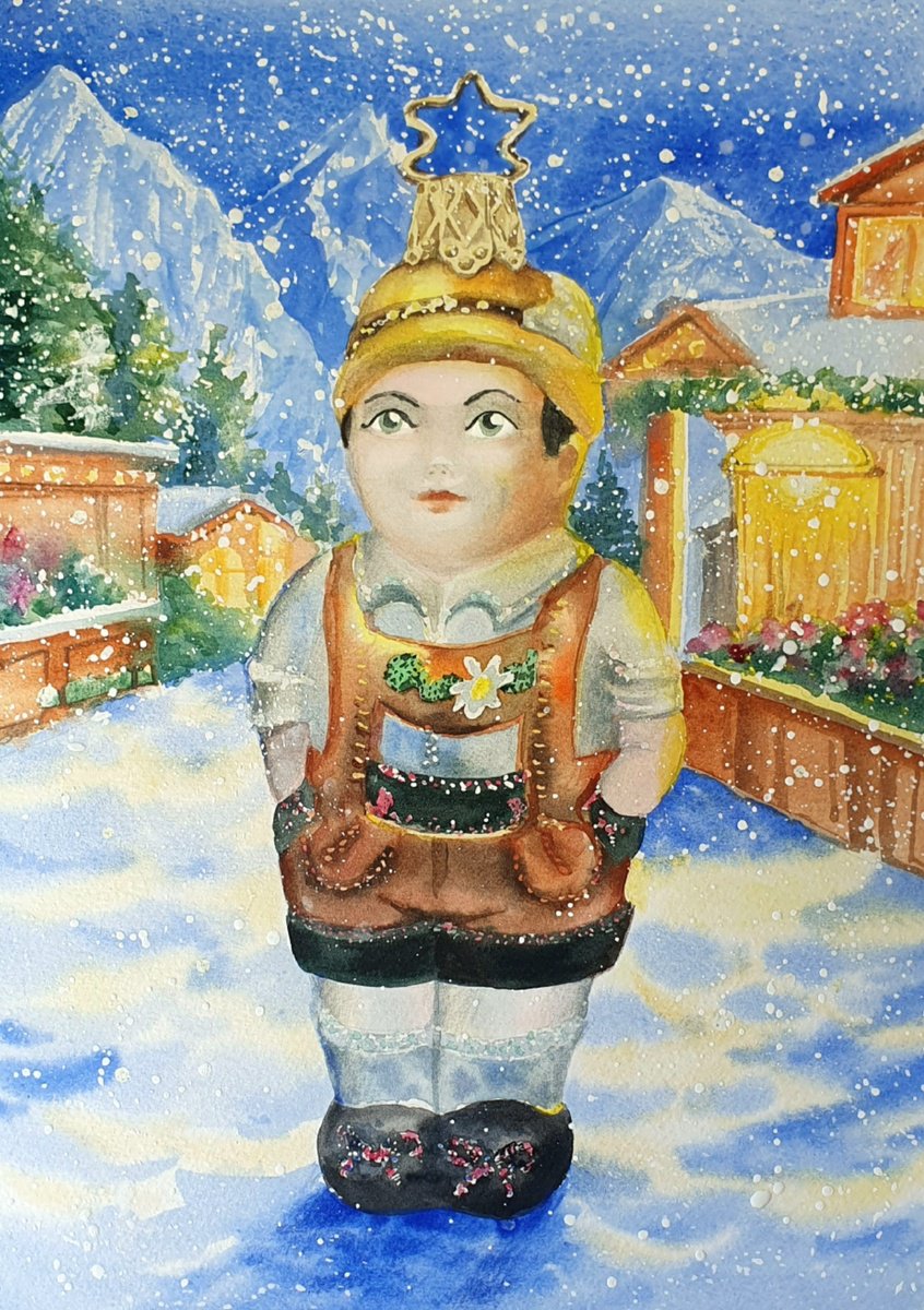 Naive Portrait Watercolour By Sonata Art, 12 X 16", Snowfall Over Bavaria, Original Artwork