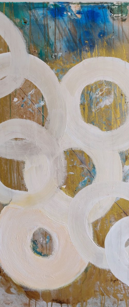 Abstract Acrylic painting   white circles on sand  100x100 by Sylvie Dodin
