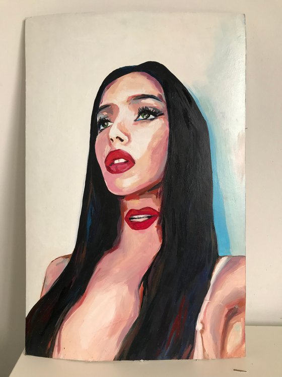 INNER VOICE _ original oil painting, woman, portrait, black hair, red lips, home decor, gift, white, blue, sex and nude