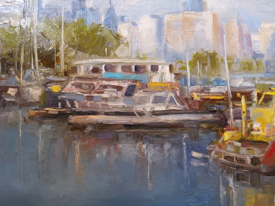 Toronto Island boats, original, one of a kind, oil on canvas impressionistic landscape (24x30x0.7'')