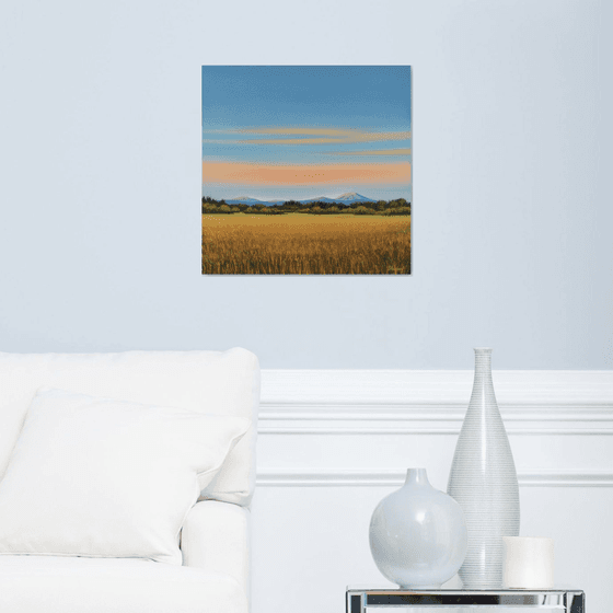 Distant Mountains - Blue Sky Golden Field Landscape