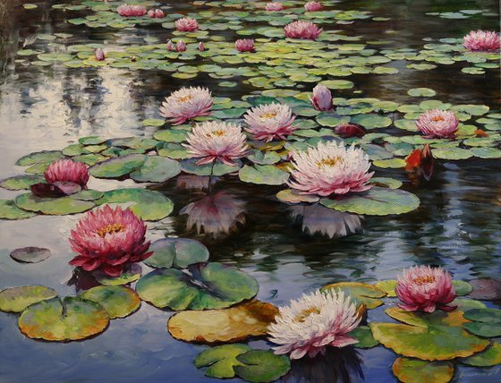 "Pink Lilies on the Pond"