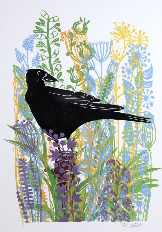 Crow in the Meadow, monoprint