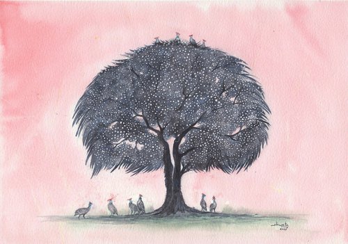 Guineafowls and the tree by Shweta  Mahajan