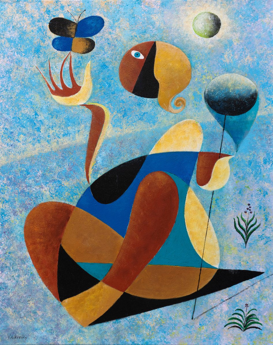 Organic Abstract Acrylic Painting By Vadim Vaskovsky, 24 X 30", Girl With Butterfly, Original Artwork