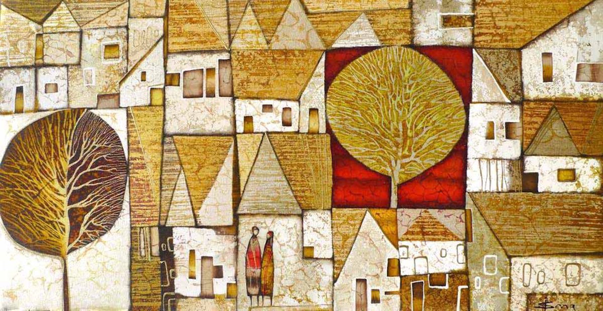 Illustrative Cityscapes Acrylic Painting By Julia Ismambetova, 23 X 12", Together, Original Artwork