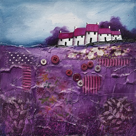 Terrace on purple patchwork Field Textured Landscape