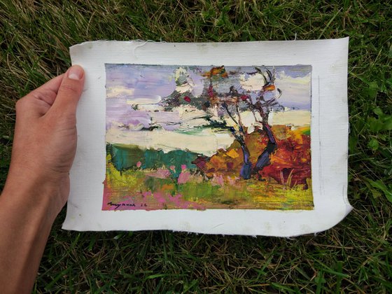 Autumn miniature . Wind and trees . Original oil painting