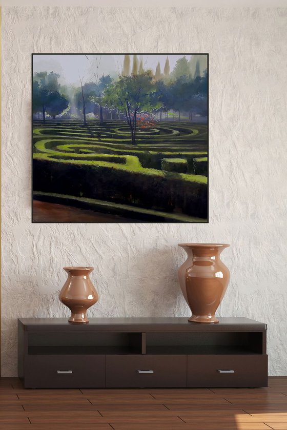 GREEN LABYRINTH. Large painting 92x92cm