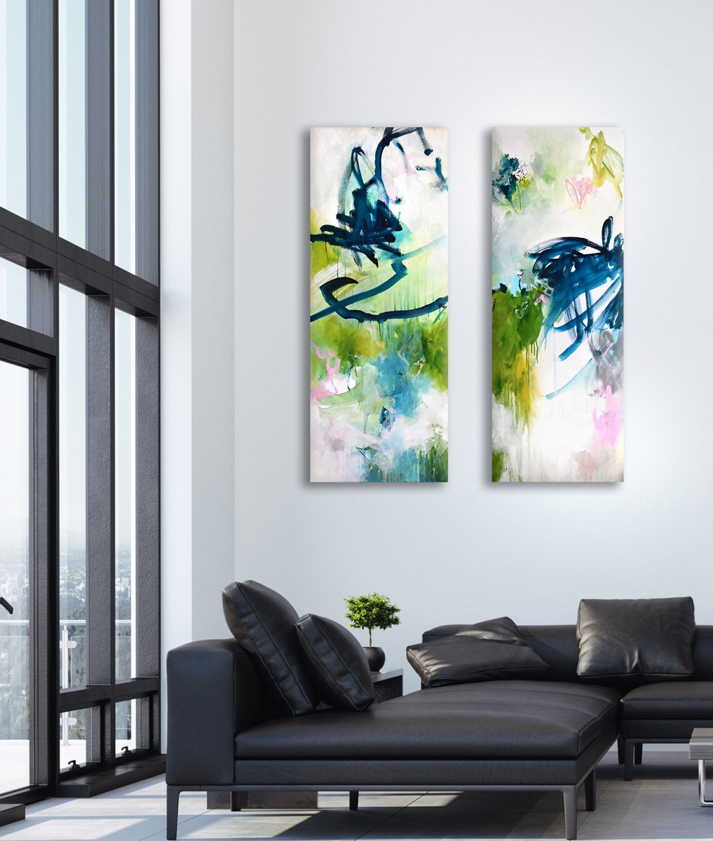 Abstract Acrylic Painting By Kirsten Handelmann, 47 X 63", Feeding The Blue Tits, Original Artwork