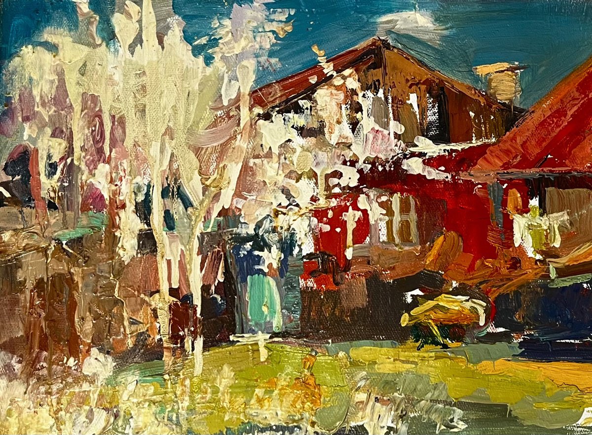 Impressionistic Landscape Oil Painting By Vahe Bagumyan, 16 X 12", Houses With Red Roofs, Original Artwork