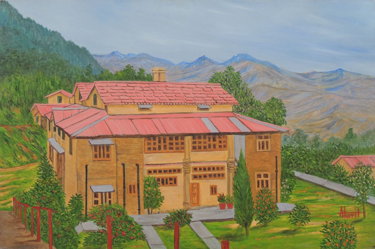 Expressive Cityscapes Oil Painting By Ajay Harit, 36 X 24, Hotel In Almora, Original Artwork