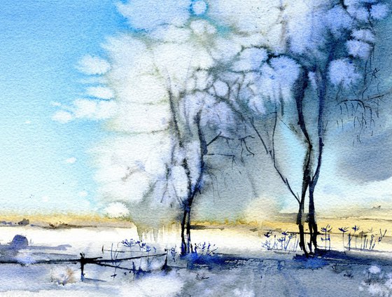 Winter field and trees original watercolor painting , blue sky and snow living room decor , gift idea